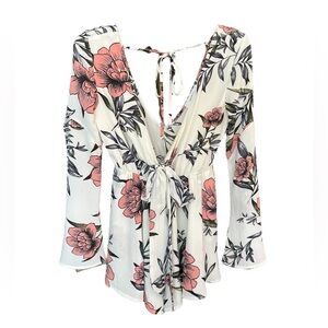EUC MOD Floral Tie Front Deep V Long Sleeve Romper Size S